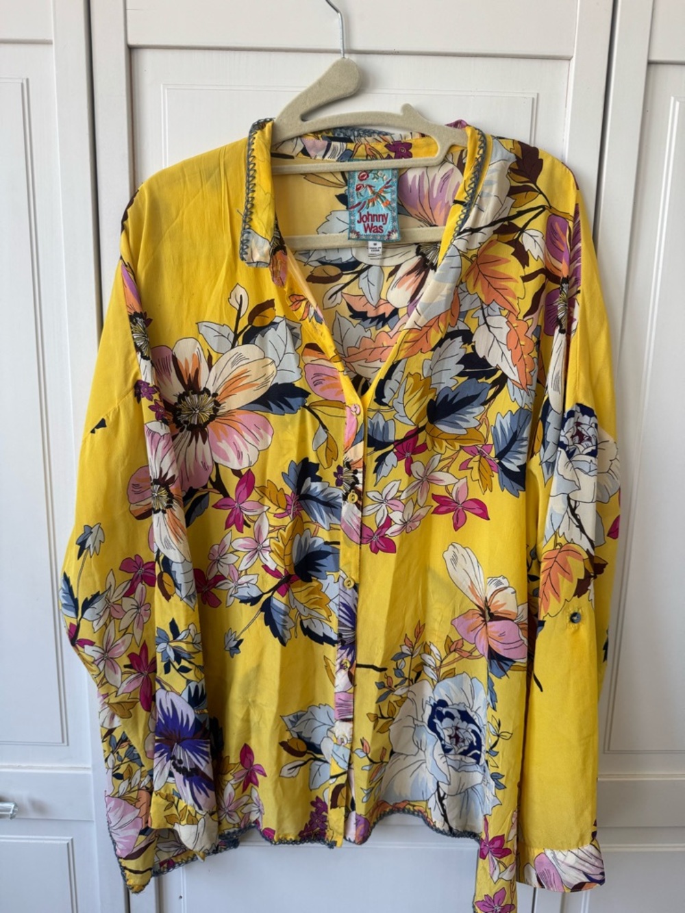 Johnny Was Yellow Floral Button-Front Blouse with Multicolor Print - Picture 2 of 4